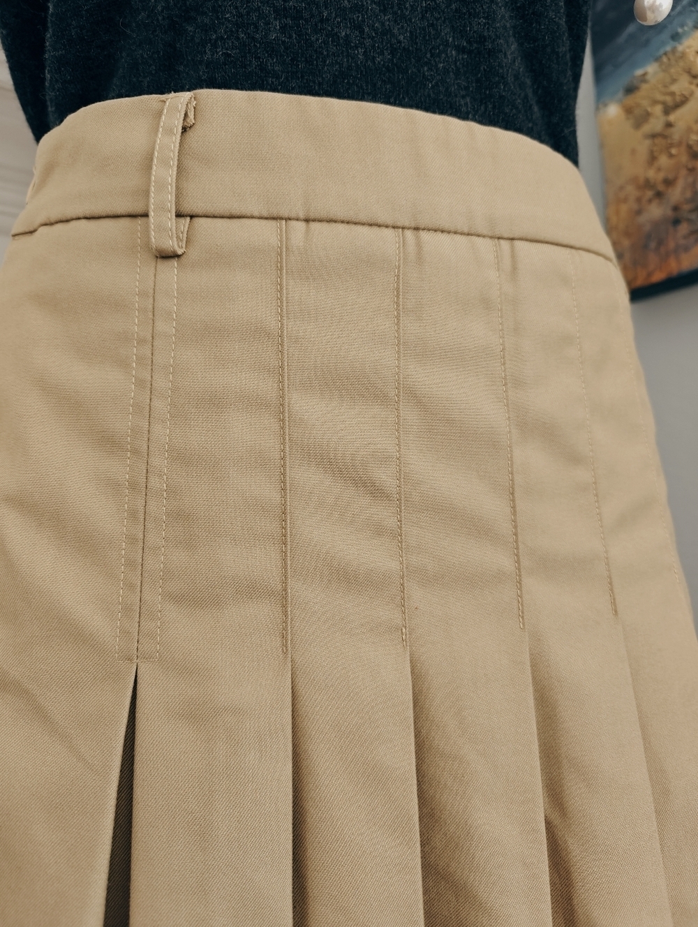 Khaki Pleated A-Line Skirt